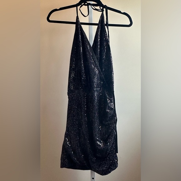NWT Ramy Brook Avianna Ruched Mini Dress 0 Black Sparkle Halter - Picture 6 of 12